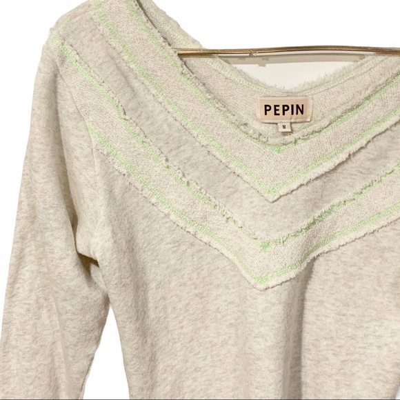 Anthropologie Pepin Cream Neon Trimmed V Neck Long Sleeve Sweatshirt Medium - Picture 2 of 5